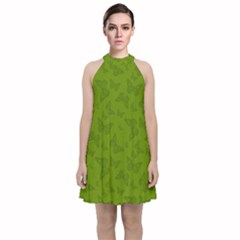 Avocado Green Butterfly Print Velvet Halter Neckline Dress 