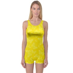 Lemon Yellow Butterfly Print One Piece Boyleg Swimsuit by SpinnyChairDesigns