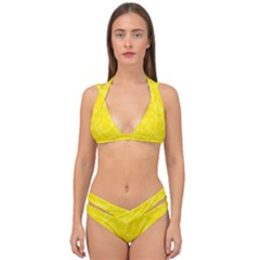 Lemon Yellow Butterfly Print Double Strap Halter Bikini Set by SpinnyChairDesigns