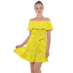 Lemon Yellow Butterfly Print Off Shoulder Velour Dress by SpinnyChairDesigns
