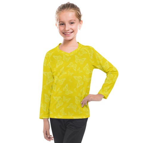 Lemon Yellow Butterfly Print Kids  Long Mesh Tee by SpinnyChairDesigns