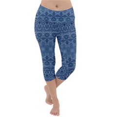Boho Denim Blue Lightweight Velour Capri Yoga Leggings by SpinnyChairDesigns