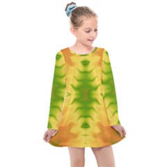 Lemon Lime Tie Dye Kids  Long Sleeve Dress by SpinnyChairDesigns