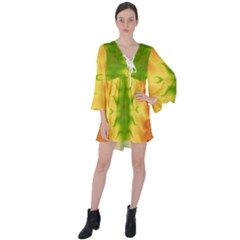 Lemon Lime Tie Dye V-neck Flare Sleeve Mini Dress by SpinnyChairDesigns