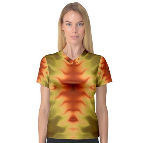 Red Gold Tie Dye V-neck Sport Mesh Tee by SpinnyChairDesigns