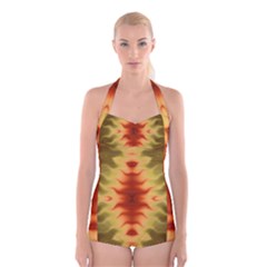 Red Gold Tie Dye Boyleg Halter Swimsuit 