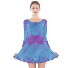 Purple Blue Swirls And Spirals Long Sleeve Velvet Skater Dress by SpinnyChairDesigns