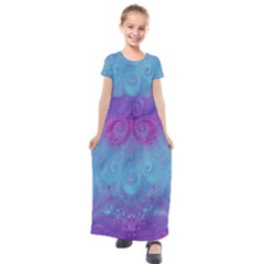 Purple Blue Swirls And Spirals Kids  Short Sleeve Maxi Dress by SpinnyChairDesigns