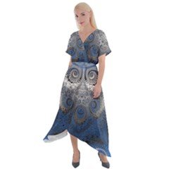 Blue Swirls and Spirals Cross Front Sharkbite Hem Maxi Dress