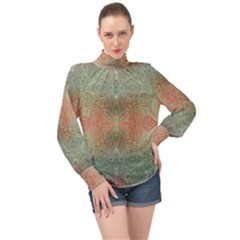 Peach Green Texture High Neck Long Sleeve Chiffon Top by SpinnyChairDesigns