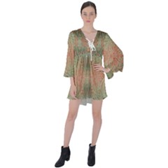 Peach Green Texture V-neck Flare Sleeve Mini Dress by SpinnyChairDesigns