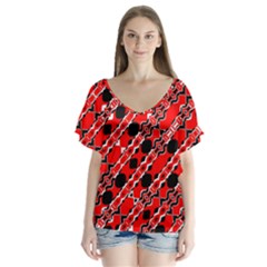 Abstract Red Black Checkered V-neck Flutter Sleeve Top by SpinnyChairDesigns