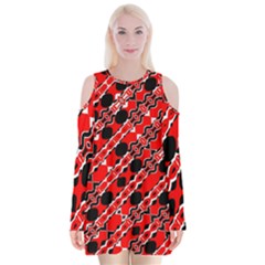 Abstract Red Black Checkered Velvet Long Sleeve Shoulder Cutout Dress by SpinnyChairDesigns