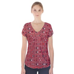 Abstract Red Black Checkered Short Sleeve Front Detail Top by SpinnyChairDesigns