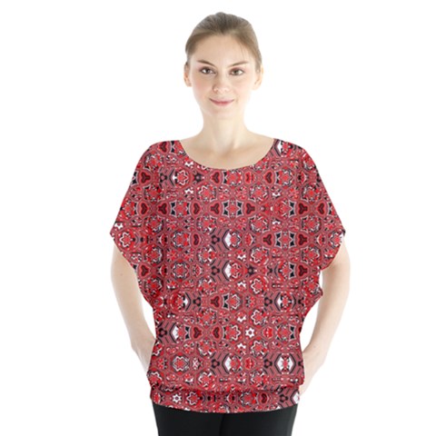 Abstract Red Black Checkered Batwing Chiffon Blouse by SpinnyChairDesigns