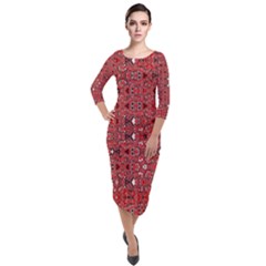 Abstract Red Black Checkered Quarter Sleeve Midi Velour Bodycon Dress by SpinnyChairDesigns