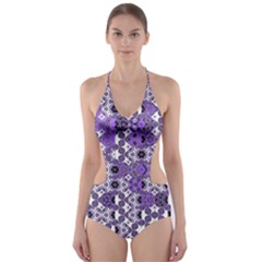 Purple Black Checkered Cut-out One Piece Swimsuit by SpinnyChairDesigns