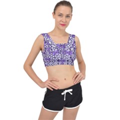 Purple Black Checkered V-back Sports Bra by SpinnyChairDesigns