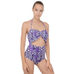 Purple Black Checkered Scallop Top Cut Out Swimsuit