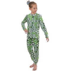 Black Lime Green Checkered Kids  Long Sleeve Set  by SpinnyChairDesigns