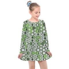 Black Lime Green Checkered Kids  Long Sleeve Dress by SpinnyChairDesigns