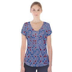 Abstract Checkered Pattern Short Sleeve Front Detail Top by SpinnyChairDesigns