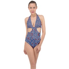 Abstract Checkered Pattern Halter Front Plunge Swimsuit by SpinnyChairDesigns