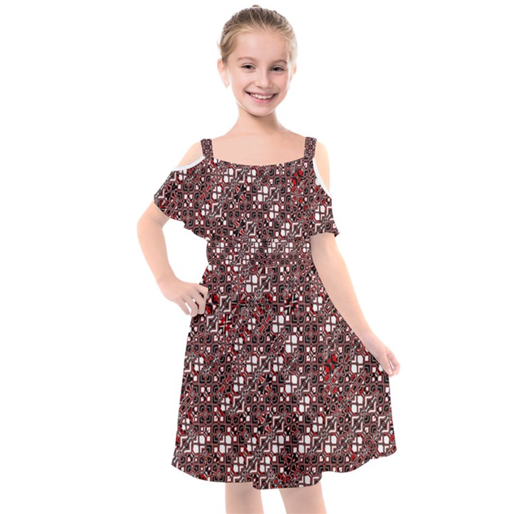 Abstract Red Black Checkered Kids  Cut Out Shoulders Chiffon Dress