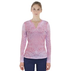 Pretty Pink Spirals V-neck Long Sleeve Top by SpinnyChairDesigns