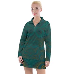 Teal Green Spirals Women s Long Sleeve Casual Dress by SpinnyChairDesigns