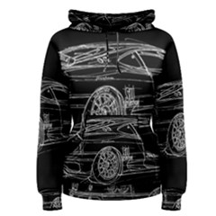 6-white-line-black-background-classic-car-original-handmade-drawing-pablo-franchi Women s Pullover Hoodie by blackdaisy