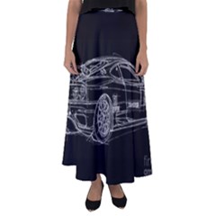 6-white-line-black-background-classic-car-original-handmade-drawing-pablo-franchi Flared Maxi Skirt by blackdaisy