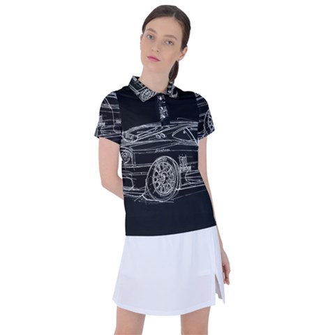 6-white-line-black-background-classic-car-original-handmade-drawing-pablo-franchi Women s Polo Tee by blackdaisy