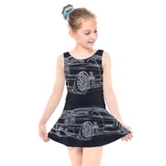 6-white-line-black-background-classic-car-original-handmade-drawing-pablo-franchi Kids  Skater Dress Swimsuit