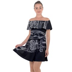 6-white-line-black-background-classic-car-original-handmade-drawing-pablo-franchi Off Shoulder Velour Dress by blackdaisy