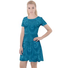 Cerulean Blue Spirals Cap Sleeve Velour Dress  by SpinnyChairDesigns