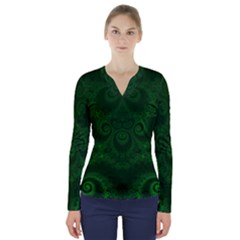 Emerald Green Spirals V-neck Long Sleeve Top by SpinnyChairDesigns