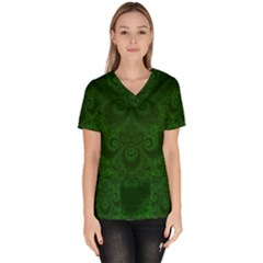 Emerald Green Spirals Women s V-neck Scrub Top by SpinnyChairDesigns