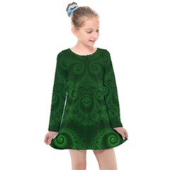 Emerald Green Spirals Kids  Long Sleeve Dress by SpinnyChairDesigns