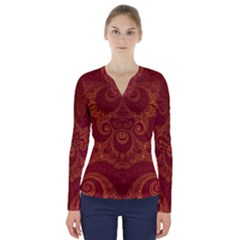 Red And Gold Spirals V-neck Long Sleeve Top by SpinnyChairDesigns