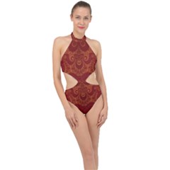 Red And Gold Spirals Halter Side Cut Swimsuit by SpinnyChairDesigns