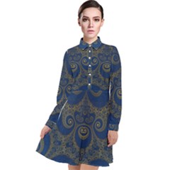 Navy Blue And Gold Swirls Long Sleeve Chiffon Shirt Dress by SpinnyChairDesigns