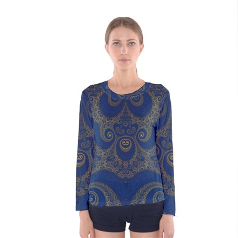 Navy Blue And Gold Swirls Women s Long Sleeve Tee by SpinnyChairDesigns