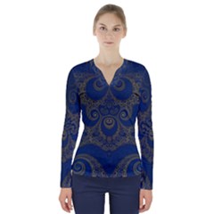 Navy Blue And Gold Swirls V-neck Long Sleeve Top by SpinnyChairDesigns
