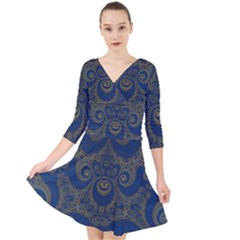 Navy Blue And Gold Swirls Quarter Sleeve Front Wrap Dress by SpinnyChairDesigns