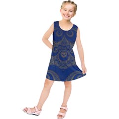 Navy Blue And Gold Swirls Kids  Tunic Dress by SpinnyChairDesigns