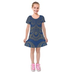 Navy Blue And Gold Swirls Kids  Short Sleeve Velvet Dress by SpinnyChairDesigns