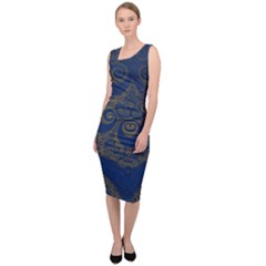 Navy Blue And Gold Swirls Sleeveless Pencil Dress by SpinnyChairDesigns