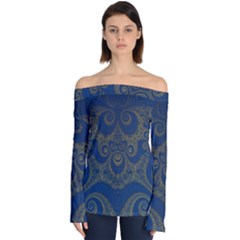 Navy Blue And Gold Swirls Off Shoulder Long Sleeve Top by SpinnyChairDesigns