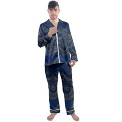 Navy Blue And Gold Swirls Men s Long Sleeve Satin Pyjamas Set by SpinnyChairDesigns